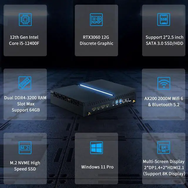 Alt view image 2 of 6 - Mini PC Gaming i5-12400F 6 Cores Upto 4.4GHz, Desktop Computer RTX3060 12G, Windows 11 Pro, 64G DDR4 RAM 2T SSD, Optical, Wifi6 BT5.2, HDMI*2 DP*2 8K@60Hz Four Display