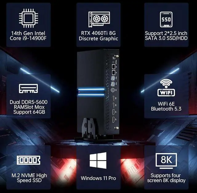 Alt view image 2 of 7 - Mini Gaming Pc Core i9-14900F(up to 5.8GHz) with RTX4060Ti, Small Desktop Computers Win 11 Pro, 16G DDR5 RAM/1T M.2 SSD/WIFI6E/BT5.3/Dual LAN/USB 3.2/8K HDMI DP, Four Display for Game/Design