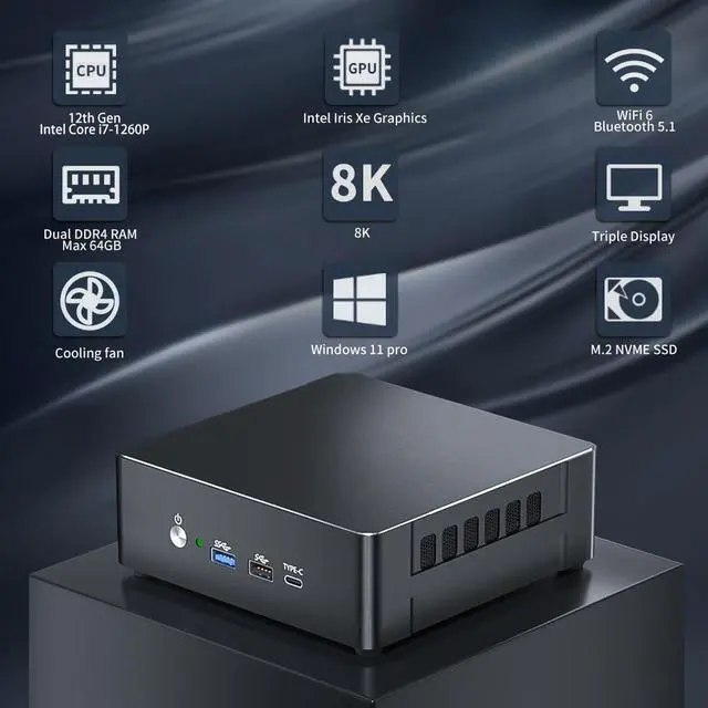 Alt view image 2 of 7 - Mini PC i7-1260P Windows 11 Pro (TPM2.0), Desktop Computer 32G RAM 512G Pcie 4.0 SSD, DP/HDMI/Type-C Triple Display, Auto Power on, Dual LAN WiFi 6 Bluetooth 5.1 for Home/Business/Gaming