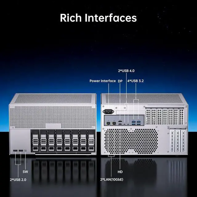Alt view image 7 of 7 - Desktop NAS 8-Bay, Ultra 9 285H AI CPU, 32GB LPDDR5X 8400Mhz RAM, 2 x 10GbE, 2 x M.2 NVMe Slots, HD/DP, PCIe 4.0 x 8 Slot, USB 4, Support Dual System Network Attached Storage (Diskless)