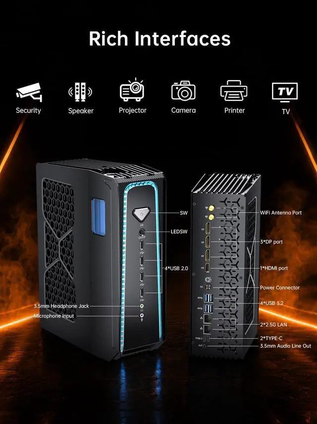 Alt view image 6 of 6 - AI Mini PC R7 9800X3D(8C, 16T, up to 5.2 GHz, 104 MB Cache) 64GB DDR5 2TB SSD, Liquid Cooled Desktop Gaming Computer with RTX 5070 WiFi 7, BT5.4, RJ45 Port, Quad Display for Gaming/AI
