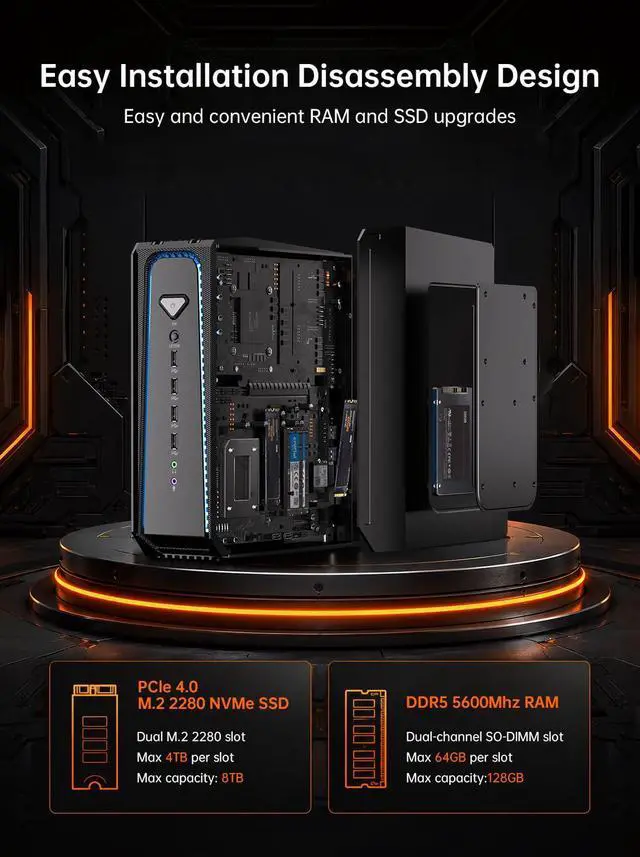Alt view image 5 of 6 - AI Mini PC R7 9800X3D(8C, 16T, up to 5.2 GHz, 104 MB Cache) 64GB DDR5 2TB SSD, Liquid Cooled Desktop Gaming Computer with RTX 5070 WiFi 7, BT5.4, RJ45 Port, Quad Display for Gaming/AI