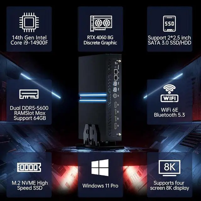 Alt view image 2 of 7 - Mini Gaming Pc Core i9-14900F(up to 5.8GHz) with RTX4060, Small Desktop Computers Win 11 Pro, 64G DDR5 RAM/1T M.2 SSD/WIFI6E/BT5.3/Dual LAN/USB 3.2/8K HDMI DP, Four Display for Game/Design