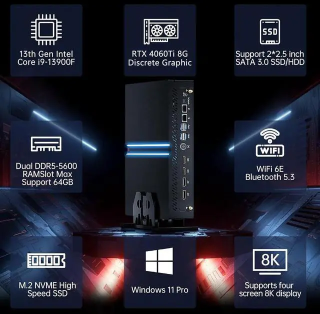 Alt view image 2 of 7 - Mini Gaming PC i9-13900F with GeForce RTX4060Ti, Mini Game Desktop Computer 64G DDR5 RAM 4T SSD, Windows 11 Pro, WiFi6E BT5.3, Optical, 1* HDMI 3* DP, 8K, Four Display for Gaming/Design