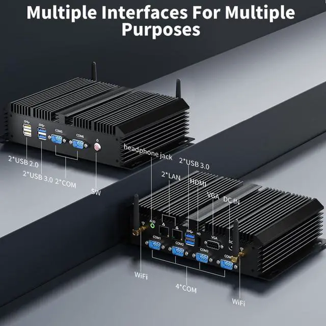 Alt view image 6 of 7 - Fanless Mini Industrial PC, Desktop Computer Core i5-4200U Windows 10 Pro, 16GB RAM 256GB SSD, 2xNICs, 6*COM RS232, 4xUSB3.0, Dula-Band WiFi, HDMI/VGA Ports, Gigabit LAN, Auto Power On