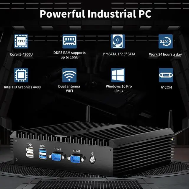 Alt view image 2 of 7 - Fanless Mini Industrial PC, Desktop Computer Core i5-4200U Windows 10 Pro, 16GB RAM 256GB SSD, 2xNICs, 6*COM RS232, 4xUSB3.0, Dula-Band WiFi, HDMI/VGA Ports, Gigabit LAN, Auto Power On