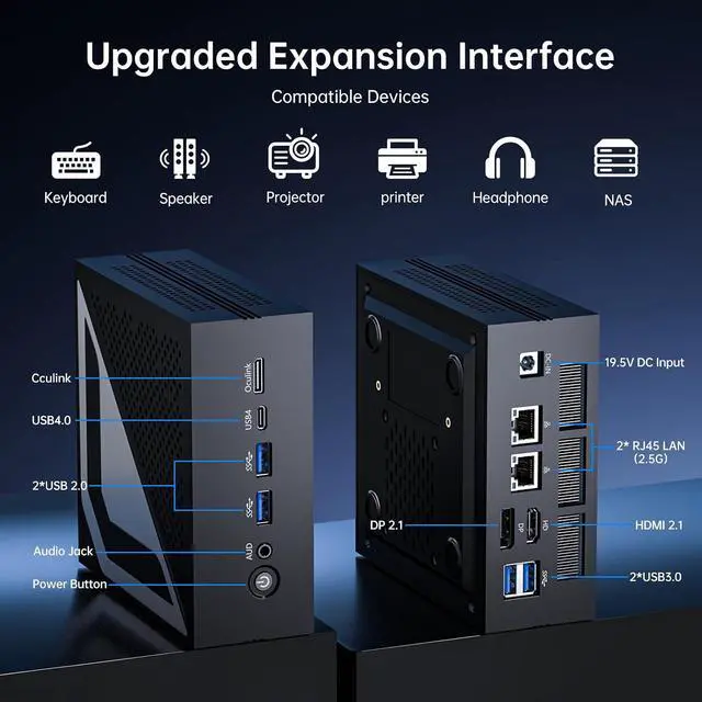 Alt view image 7 of 7 - AI Mini PC, Ultra 9 285H(99TOPS),16GB DDR5 512GB M.2 NVMe SSD, Mini Computer with WiFi 7 BT5.4/Dual 2.5G LAN/USB 4.0/HDMI/DP/8K/Win 11 Pro, Desktop Computer, Supports VESA