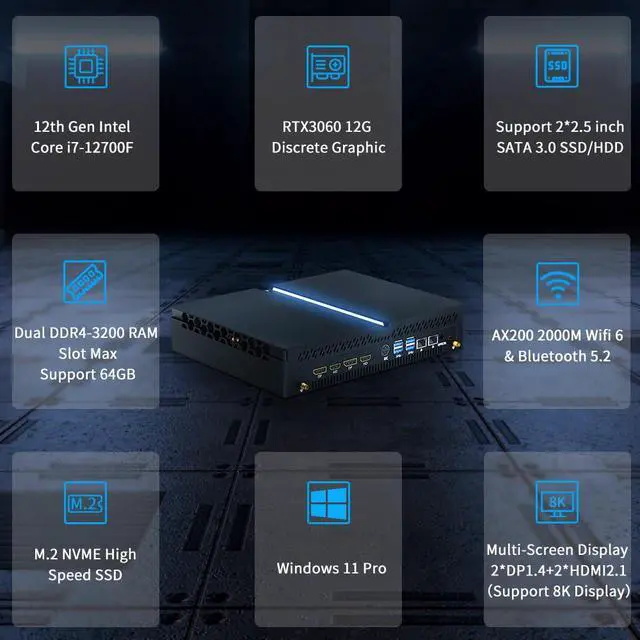 Alt view image 2 of 7 - Mini PC Gaming i7-12700F 12 Cores Upto 4.9GHz, Desktop Computer RTX3060 12G, Windows 11 Pro, 64G DDR4 RAM 2T SSD, Optical, Wifi6 BT5.2, HDMI*2 DP*2 8K@60Hz Four Display