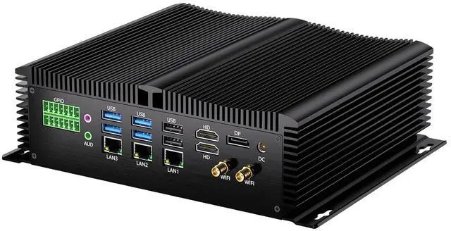 Main image of Industrial Mini Pc with 13th Gen Core i7-1355U(10C/12T), 16G DDR5 RAM 256G NVME Pcie 4.0 SSD, WIFI6, BT5.2, 4xUSB3.0, 3x2.5G LAN, 8xCOM, SIM, GPIO, P/S2 Ports, Win 11 Pro Fanless Computer