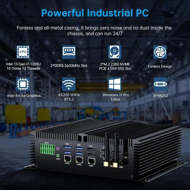Alt view image 3 of 7 - Industrial Mini Pc with 13th Gen Core i7-1355U(10C/12T), 16G DDR5 RAM 256G NVME Pcie 4.0 SSD, WIFI6, BT5.2, 4xUSB3.0, 3x2.5G LAN, 8xCOM, SIM, GPIO, P/S2 Ports, Win 11 Pro Fanless Computer