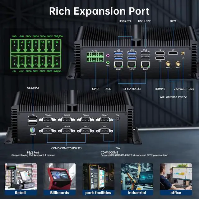 Alt view image 6 of 7 - Industrial Mini Pc with 13th Gen Core i7-1355U(10C/12T), 16G DDR5 RAM 256G NVME Pcie 4.0 SSD, WIFI6, BT5.2, 4xUSB3.0, 3x2.5G LAN, 8xCOM, SIM, GPIO, P/S2 Ports, Win 11 Pro Fanless Computer