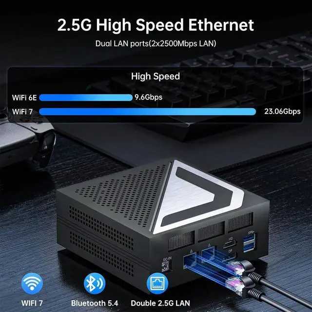 Alt view image 4 of 7 - AI Mini PC, Ultra 9 285H(99TOPS),64GB DDR5 2TB M.2 NVMe SSD, Mini Computer with WiFi 7 BT5.4/Dual 2.5G LAN/USB 4.0/HDMI/DP/8K/Win 11 Pro, Desktop Computer, Supports VESA, Gray