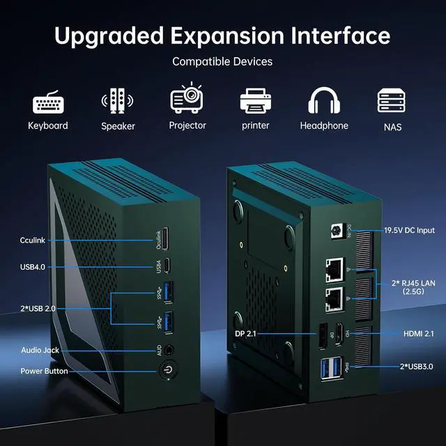 Alt view image 6 of 7 - AI Mini PC, Ultra 9 285H(99TOPS),16GB DDR5 256GB M.2 NVMe SSD, Mini Computer with WiFi 7 BT5.4/Dual 2.5G LAN/USB 4.0/HDMI/DP/8K/Win 11 Pro, Desktop Computer, Supports VESA, Green