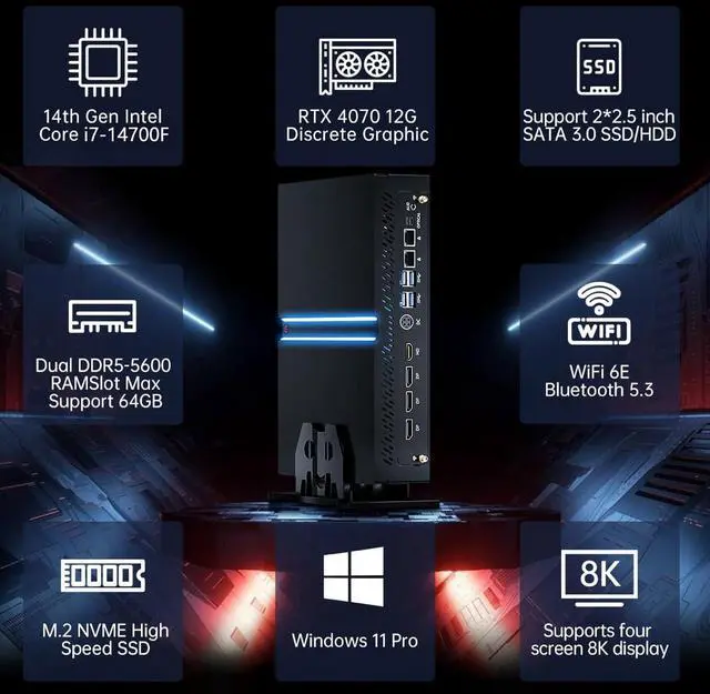 Alt view image 2 of 7 - Mini Gaming Pc, Core i7-14700F(up to 5.4GHz) with RTX4070, Desktop Computers Win 11 Pro, 64G DDR5 RAM/2T M.2 SSD/WIFI6E/BT5.3/Dual LAN/USB 3.2/8K HDMI DP, Four Display for Game/Design