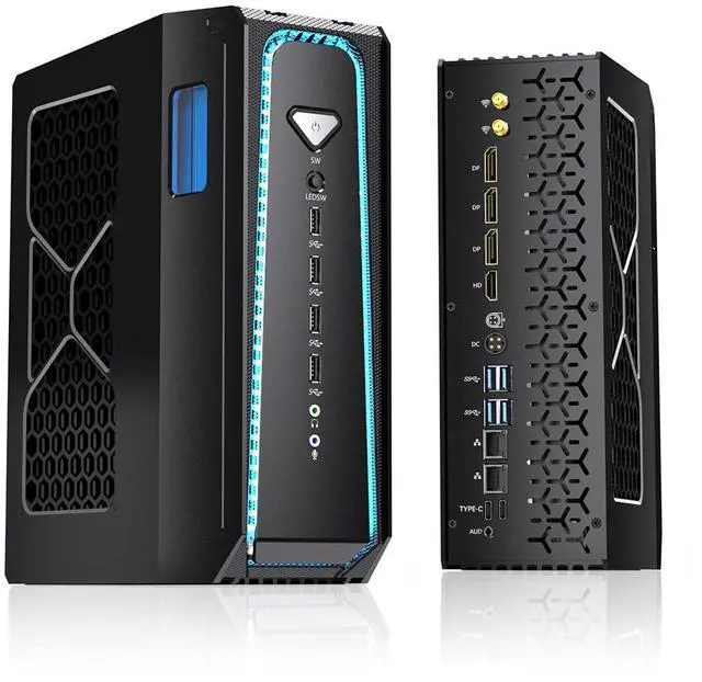 Main image of AI Mini PC R7 9800X3D(8C, 16T, up to 5.2 GHz, 104 MB Cache) 64GB DDR5 4TB SSD, Liquid Cooled Desktop Gaming Computer with RTX 5070 WiFi 7, BT5.4, RJ45 Port, Quad Display for Gaming/AI