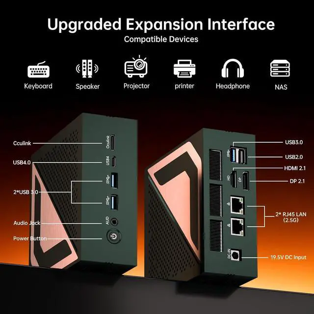Alt view image 7 of 7 - Mini PC Ryzen AI 9 HX470, 64G DDR5 2TB SSD, Desktop Gaming Computers with Dual 2.5G LAN, Oculink, Win 11 Pro, WiFi 7, BT 5.4, Support Triple Display, VESA, Green