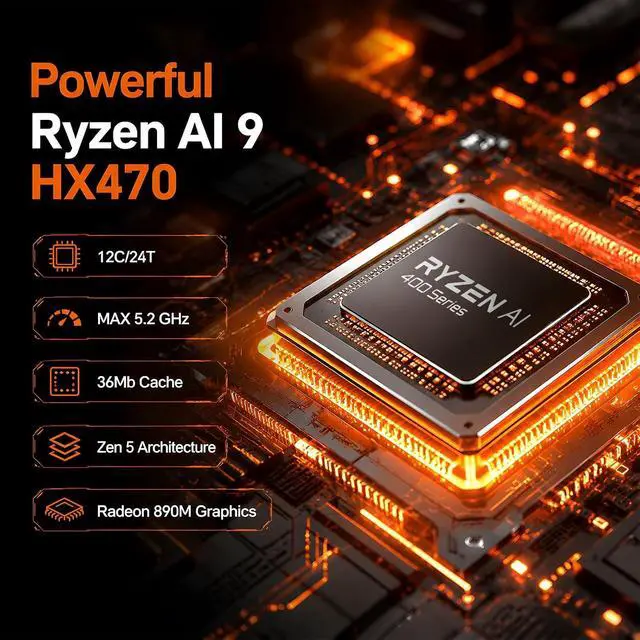 Alt view image 3 of 7 - Mini PC Ryzen AI 9 HX470, 32G DDR5 1TB SSD, Desktop Gaming Computers with Dual 2.5G LAN, Oculink, Win 11 Pro, WiFi 7, BT 5.4, Support Triple Display, VESA, Gray
