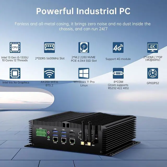 Alt view image 2 of 7 - Industrial Mini PC, Fanless Desktop Computer Core i5-1335U 10 Cores, Win-11 Pro, 32G DDR5 RAM, 512G NVME SSD, 9-36V Wide Voltage, DP/2*HDMI 4K@60Hz, 3x2.5G LAN Ports, 8xCOM RS232, WiFi6