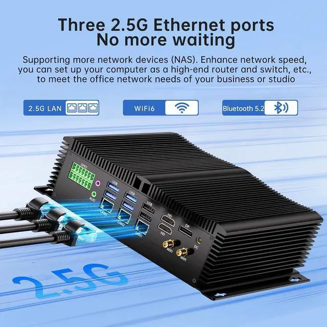 Alt view image 5 of 7 - Industrial Mini PC, Fanless Desktop Computer Core i5-1335U 10 Cores, Win-11 Pro, 32G DDR5 RAM, 512G NVME SSD, 9-36V Wide Voltage, DP/2*HDMI 4K@60Hz, 3x2.5G LAN Ports, 8xCOM RS232, WiFi6