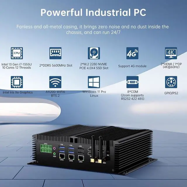 Alt view image 2 of 7 - Industrial Mini PC, Fanless Desktop Computer Core i7-1355U 10 Cores, Win-11 Pro, 32G DDR5 RAM, 512G NVME SSD, 9-36V Wide Voltage, DP/2*HDMI 4K@60Hz, 3x2.5G LAN Ports, 8xCOM RS232, WiFi6