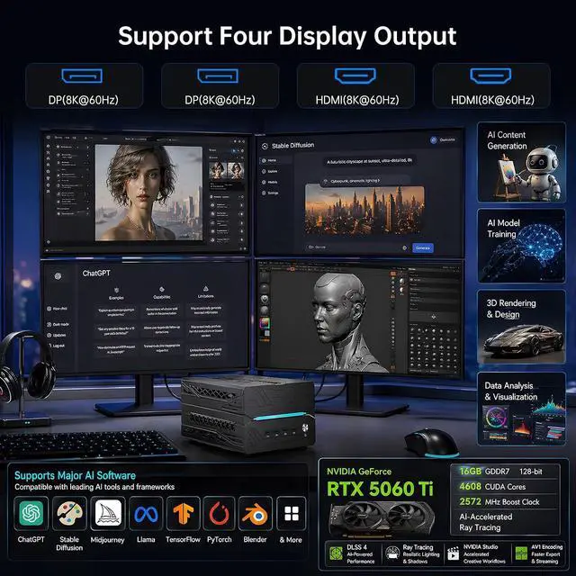 Alt view image 4 of 7 - AI Mini PC, Desktop Computer i9-14900F 24 Cores Upto 5.8GHz, 64G DDR5, 4T M.2 PCIE4.0 SSD, Win-11 Pro, GeForce RTX5060Ti 16G, Four Display, 8K@60Hz Outputs, Dual LAN, WiFi7, Video Editing