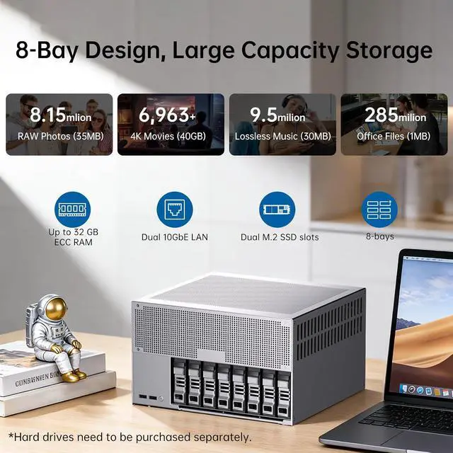 Alt view image 4 of 7 - 8-Bay Desktop NAS Computer, 16 Cores AI Ultra 9 285H, 32G LPDDR5X 8400MT/s, 4T SSD, Win-11 pro, 2 x 10Gbps LAN, 2 x M.2 PCIE4.0 Slots, Four Display, 8k/4k@60Hz, Support Dual System Network