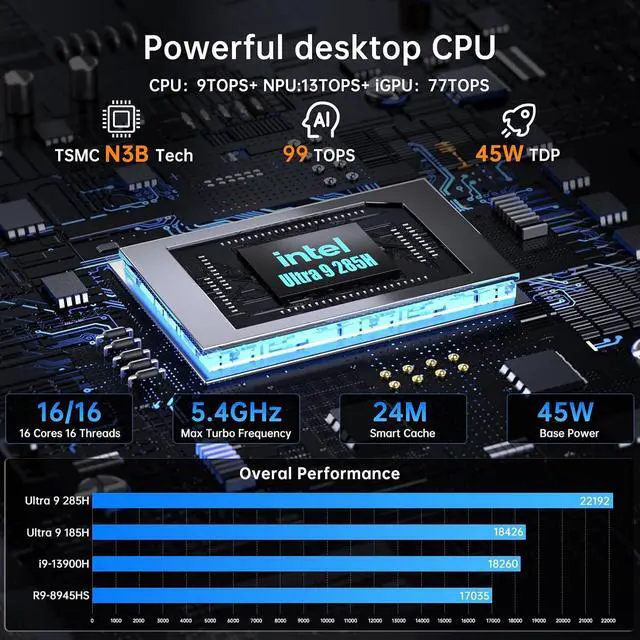 Alt view image 2 of 7 - 8-Bay Desktop NAS Computer, 16 Cores AI Ultra 9 285H, 32G LPDDR5X 8400MT/s, 4T SSD, Win-11 pro, 2 x 10Gbps LAN, 2 x M.2 PCIE4.0 Slots, Four Display, 8k/4k@60Hz, Support Dual System Network