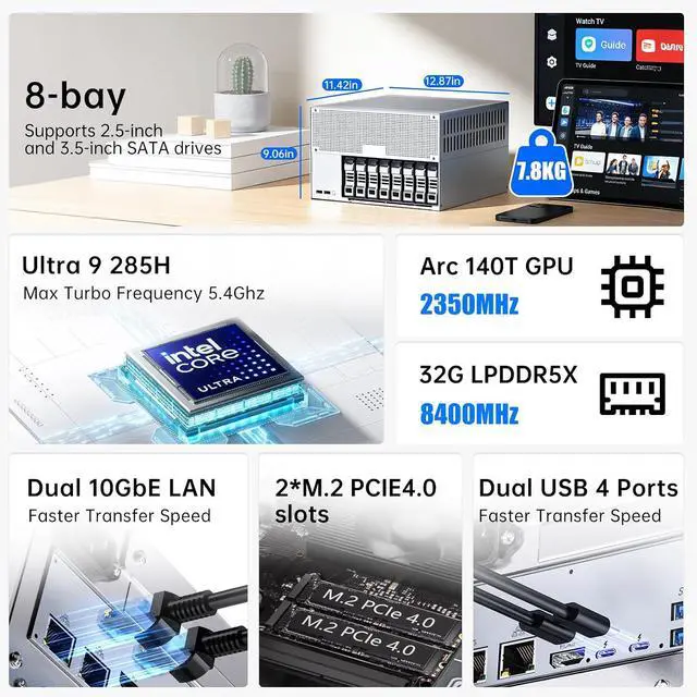 Alt view image 3 of 7 - 8-Bay Desktop NAS Computer, 16 Cores AI Ultra 9 285H, 32G LPDDR5X 8400MT/s, 4T SSD, Win-11 pro, 2 x 10Gbps LAN, 2 x M.2 PCIE4.0 Slots, Four Display, 8k/4k@60Hz, Support Dual System Network