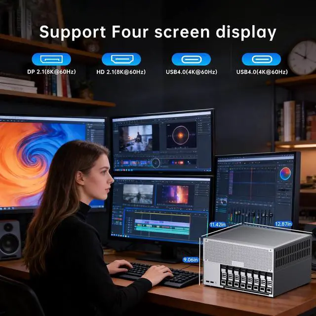 Alt view image 5 of 7 - 8-Bay Desktop NAS Computer, 16 Cores AI Ultra 9 285H, 32G LPDDR5X 8400MT/s, 4T SSD, Win-11 pro, 2 x 10Gbps LAN, 2 x M.2 PCIE4.0 Slots, Four Display, 8k/4k@60Hz, Support Dual System Network