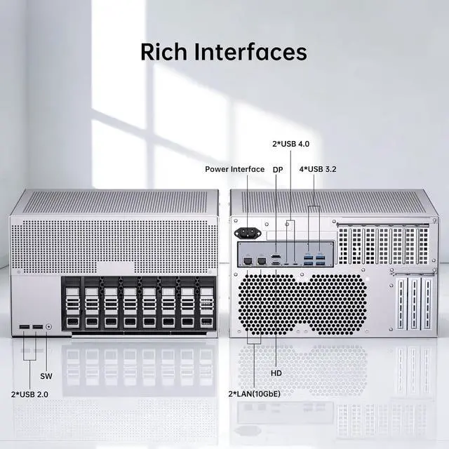 Alt view image 7 of 7 - 8-Bay Desktop NAS Computer, 16 Cores AI Ultra 9 285H, 32G LPDDR5X 8400MT/s, 4T SSD, Win-11 pro, 2 x 10Gbps LAN, 2 x M.2 PCIE4.0 Slots, Four Display, 8k/4k@60Hz, Support Dual System Network