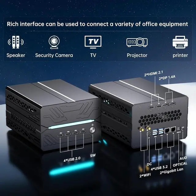 Alt view image 6 of 7 - Mini Gaming PC, Desktop Computer i9-14900F 24 Cores Upto 5.8GHz, 64G DDR5, 2T M.2 PCIE4.0 SSD, Win-11 Pro, GeForce RTX4060Ti 8G, Four Display, 8K@60Hz Outputs, Dual LAN, WiFi7/BT5.4