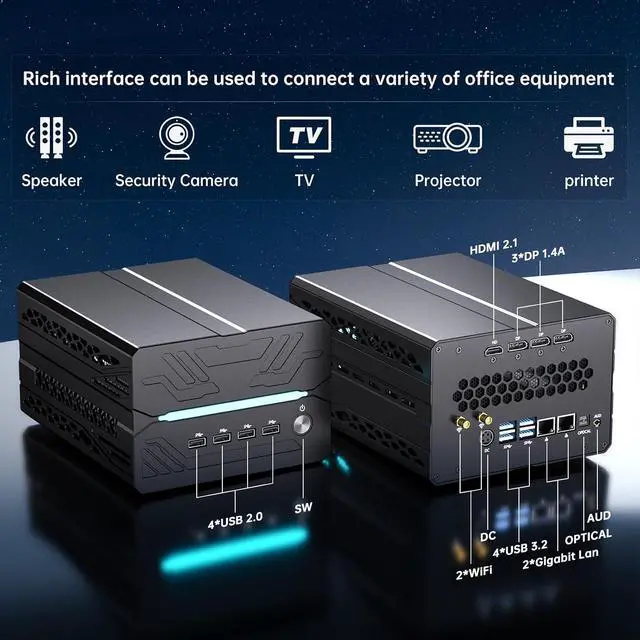 Alt view image 6 of 7 - AI Mini PC, Desktop Computer i9-14900F 24 Cores Upto 5.8GHz, 64G DDR5, 4T M.2 PCIE4.0 SSD, Win-11 Pro, GeForce RTX5060Ti 16G, Four Display, 8K@60Hz Outputs, Dual LAN, WiFi7, Video Editing