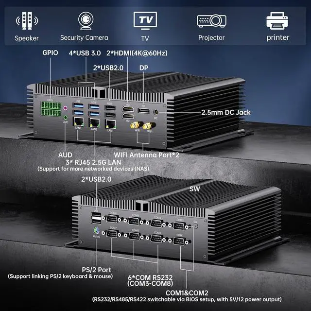 Alt view image 6 of 7 - Industrial Mini PC, Fanless Desktop Computer Core i7-1260P 12 Cores, Win-11 Pro, 64G DDR5, 2T NVME SSD, 9-36V Wide Voltage, 4K DP/HD, 3x2.5G LAN, COM RS232/422/485 Ports, PS2/GPIO, WiFi6