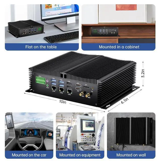 Alt view image 7 of 7 - Industrial Mini PC, Fanless Desktop Computer Core i5-1335U 10 Cores, Win-11 Pro, 32G DDR5 RAM, 512G NVME SSD, 9-36V Wide Voltage, DP/2*HDMI 4K@60Hz, 3x2.5G LAN Ports, 8xCOM RS232, WiFi6