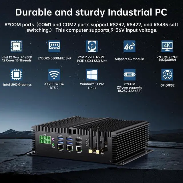 Alt view image 2 of 7 - Industrial Mini PC, Fanless Desktop Computer Core i7-1260P 12 Cores, Win-11 Pro, 64G DDR5, 2T NVME SSD, 9-36V Wide Voltage, 4K DP/HD, 3x2.5G LAN, COM RS232/422/485 Ports, PS2/GPIO, WiFi6