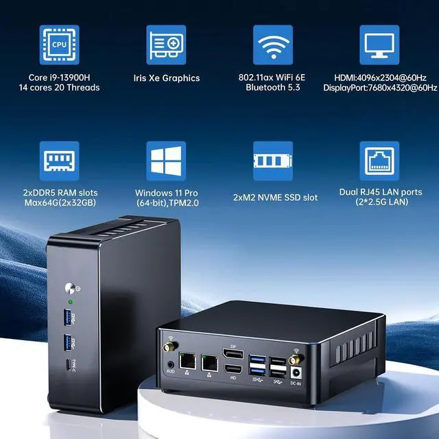 Alt view image 3 of 7 - Ai Mini PC, Desktop Computer Core i9-13900H, 14 Cores Upto 5.4GHz, Win-11 Pro(TPM2.0), 64G DDR5, 2T M.2 PCIE4.0 SSD, Dual 2.5G LAN, DP/HD/USB4.0, USB3.2, Triple Display, 8K/4K@60Hz, WiFi6E
