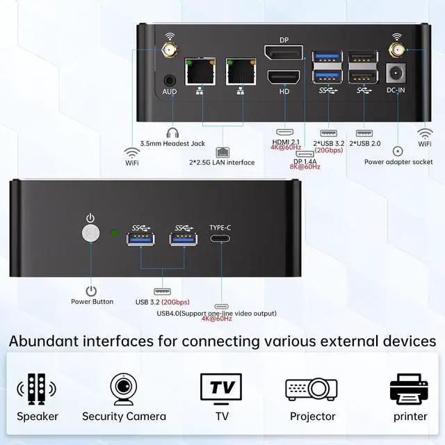 Alt view image 6 of 7 - Ai Mini PC, Desktop Computer Core i9-13900H, 14 Cores Upto 5.4GHz, Win-11 Pro(TPM2.0), 64G DDR5, 2T M.2 PCIE4.0 SSD, Dual 2.5G LAN, DP/HD/USB4.0, USB3.2, Triple Display, 8K/4K@60Hz, WiFi6E