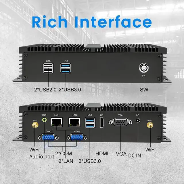 Alt view image 6 of 7 - Fanless Mini PC, Industrial Desktop Computer Core i5-4200U 1.6-2.6GHz, Windows 10 Pro, 8GB RAM, 128GB SSD, 2xNICs, 2xCOM RS232, 4xUSB 3.0, HDMI/VGA Ports, Support Auto Power On