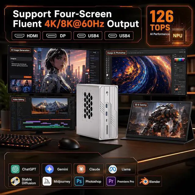 Alt view image 4 of 7 - Mini PC AI Server, AI Computing Workstation, AI MAX+ 395(126TOPS,16C/32T), Win-11 Pro, Radeon 8060S GPU, 128G LPDDR5X-8400, 1T M.2 SSD, 10G+2.5G LAN, Quad Screen, 4xM.2 PCIe 4.0 Slots, WiFi 7