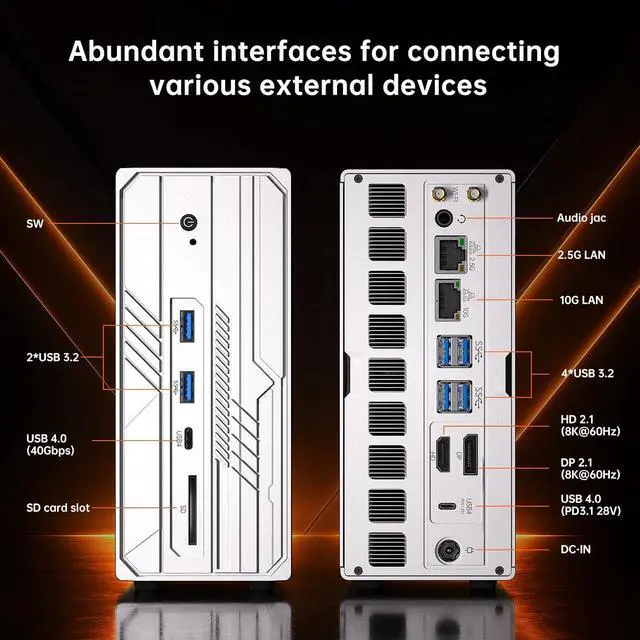 Alt view image 6 of 7 - Mini PC AI Server, AI Computing Workstation, AI MAX+ 395(126TOPS,16C/32T), Win-11 Pro, Radeon 8060S GPU, 128G LPDDR5X-8400, 1T M.2 SSD, 10G+2.5G LAN, Quad Screen, 4xM.2 PCIe 4.0 Slots, WiFi 7