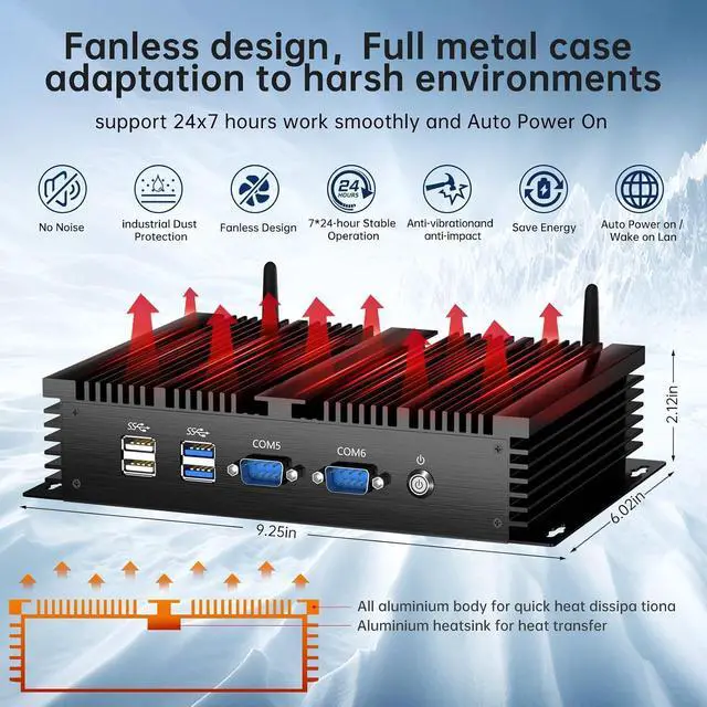 Alt view image 2 of 7 - Industrial Mini PC, Fanless Desktop Computer Celeron 2955U 1.4GHz, Windows 10 Pro, 8GB RAM, 128GB SSD, 2xNICs, 6xCOM RS232, 4xUSB 3.0, HDMI/VGA Ports, Full Metal Case