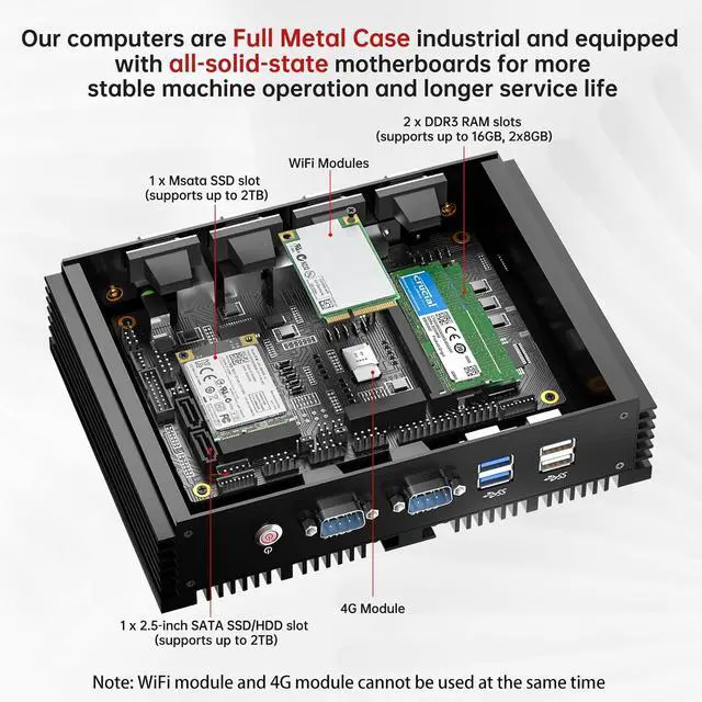 Alt view image 5 of 7 - Industrial Mini PC, Fanless Desktop Computer Celeron 2955U 1.4GHz, Windows 10 Pro, 8GB RAM, 128GB SSD, 2xNICs, 6xCOM RS232, 4xUSB 3.0, HDMI/VGA Ports, Full Metal Case