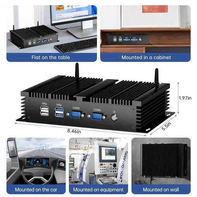 Alt view image 7 of 7 - Industrial Mini PC, Fanless Desktop Computer Celeron 2955U 1.4GHz, Windows 10 Pro, 8GB RAM, 128GB SSD, 2xNICs, 6xCOM RS232, 4xUSB 3.0, HDMI/VGA Ports, Full Metal Case