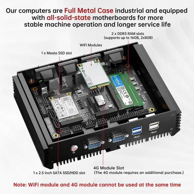 Alt view image 5 of 7 - Industrial Mini PC, Fanless Desktop Computer Core i7-5500U 2.4-3.0GHz, Windows 10 Pro, 16GB RAM, 256GB SSD, 2xNICs, 6xCOM RS232, 4xUSB 3.0, HDMI/VGA Ports, Full Metal Case