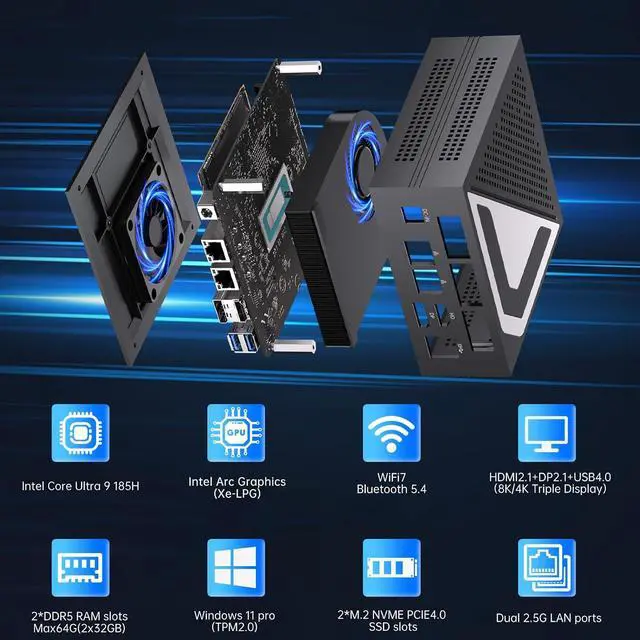 Alt view image 3 of 7 - Mini PC, Desktop Computer with 14th Gen Core Ultra U9-185H up to 5.1 GHz, Win-11 Pro, 64G DDR5, 4T M.2 PCIE4.0 SSD, Dual 2.5G LAN, DP/HD2.1/USB4.0, Support 8K/4K@60Hz, WiFi7/BT5.4, Oculink