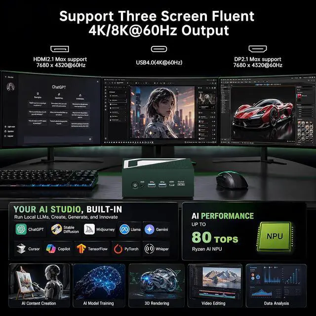Alt view image 4 of 7 - Mini PC AMD Ryzen AI 9 HX 370(12 Cores | 80 Tops | Radeon 890M), Win-11 Pro, 64G DDR5, 2T PCIE4.0 SSD Mini Gaming Desktop Computers, Dual 2.5G LAN, Oculink/USB 4.0 /Triple Display 8K/WiFi7 G