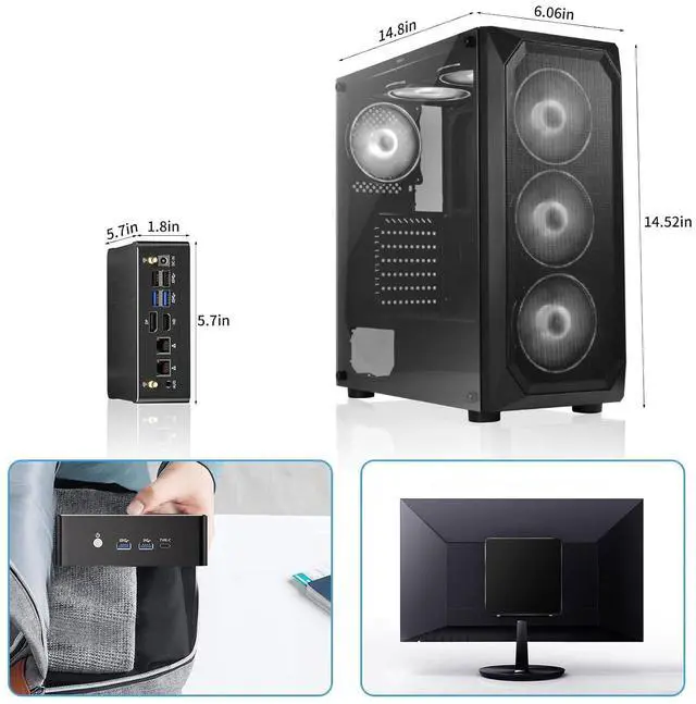 Alt view image 7 of 7 - Mini PC, Desktop Computer with Core i5-12450H, 8 Cores Upto 4.4GHz, Win-11 Pro, 32G DDR5, 1T M.2 PCIE4.0 SSD, DP/HDMI/USB4.0 Triple Display, Support 8K/4K@60Hz, Dual 2.5G LAN, WiFi 6E/BT5.3