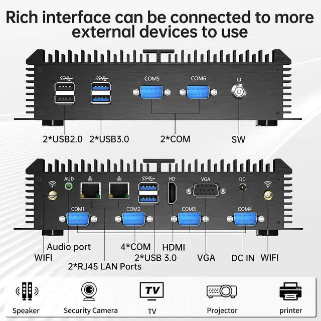 Alt view image 6 of 7 - Industrial Mini PC, Fanless Desktop Computer Core i7-5500U 2.4-3.0GHz, Windows 10 Pro, 16GB RAM, 256GB SSD, 2xNICs, 6xCOM RS232, 4xUSB 3.0, HDMI/VGA Ports, Full Metal Case