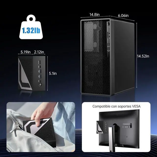Alt view image 7 of 7 - Mini PC AMD Ryzen 9 8945HS, Upto 5.2GHz | Radeon 780M, Win-11 Pro, 16G DDR5, 1T PCIE4.0 SSD, Mini Gaming Desktop Computers Dual 2.5G LAN, Oculink/USB 4.0 /Triple Display 8K@60Hz/WiFi7, VESA