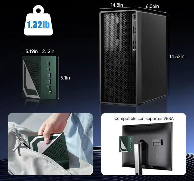 Alt view image 7 of 7 - Mini PC AMD Ryzen AI 9 HX 370(12 Cores | 80 Tops | Radeon 890M), Win-11 Pro, 64G DDR5, 2T PCIE4.0 SSD, Mini Gaming Desktop Computers Dual 2.5G LAN, Oculink/USB 4.0 /Triple Display 8K/WiFi7